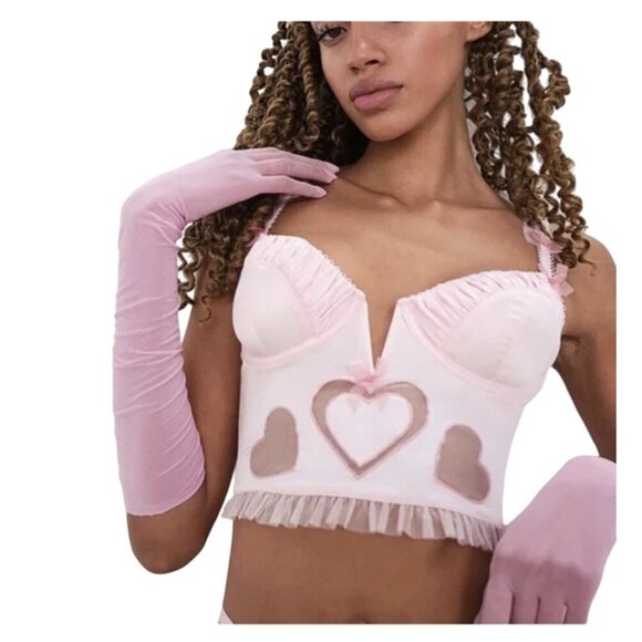 For Love & Lemons Pink Heart Mesh Corset Top With Ruffle Trim XXS - Picture 1 of 16